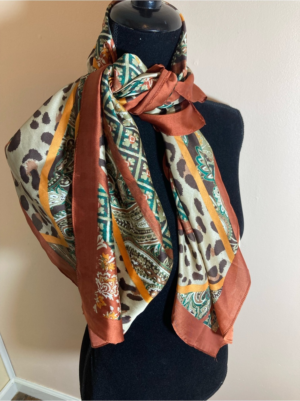 Silky Patterned Fashion Scarf in Rust, Teal & Mustard